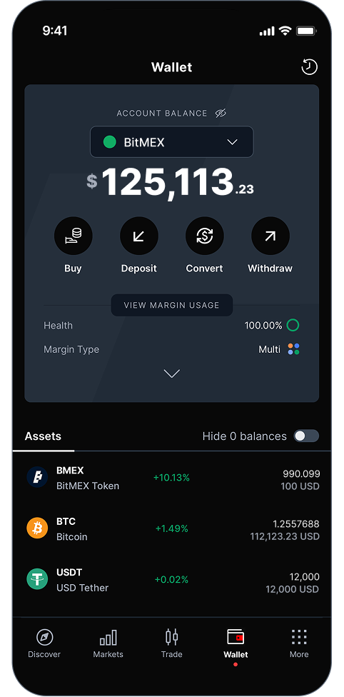 BitMEX wallet screen showing account balance, deposit, convert and withdraw controls
